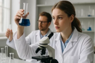 Két tudós kémiai elemzést végez egy laboratóriumban.