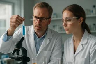 Két tudós laboratóriumban, kémcsövekkel és mikroszkóppal, az élelmiszer-színezékek vizsgálata.