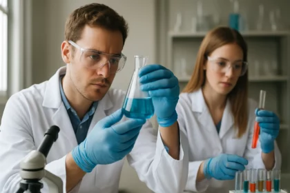 Két kutató fejlett kémiai reakciót végez a laboratóriumban.