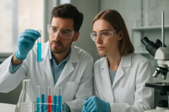 Két tudós laboratóriumban, kémcsövekkel és kémiai kísérlettel foglalkozik.