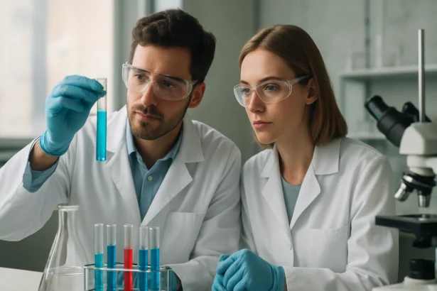 Két tudós laboratóriumban, kémcsövekkel és kémiai kísérlettel foglalkozik.