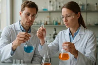 Két kutató laboratóriumi kísérletezés közben, klorofill színezékekkel.