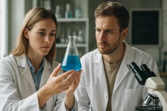 Két kutató laboratóriumban, kémiai folyadékot vizsgálva