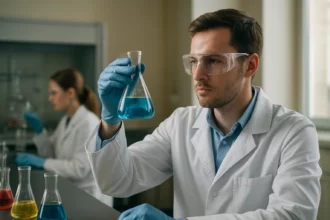 Kutató laboratóriumban kék oldatot vizsgál