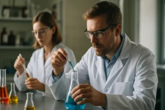 Kutatók laboratóriumban számítógépes molekulatervezés során, különböző kémiai oldatokkal.