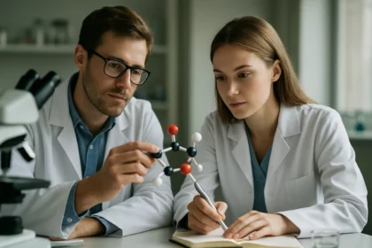 Két kémikus a bifenol molekulát elemezve laboratóriumban