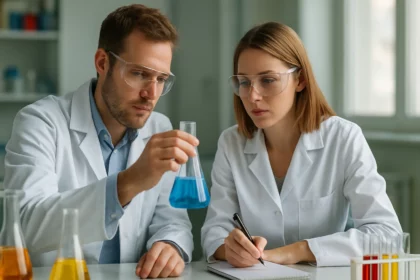 Két kutató laboratóriumban a Biuret-próba kísérlet közben.
