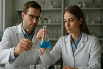 Kémikusok kálium-permanganát oldatának vizsgálata laboratóriumban.