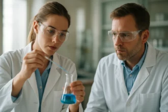 Két tudós laboratóriumban kémiai kísérletet végez.