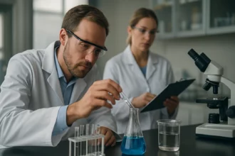 Kémiai kísérlet laborban, ciklooktatetrán elemzéssel foglalkozó tudósokkal