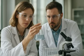 Két kutató a biuret-reakciót tanulmányozza laboratóriumban.