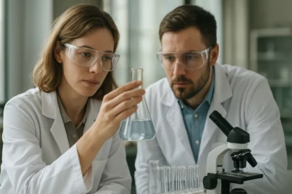 Két kutató a biuret-reakciót tanulmányozza laboratóriumban.