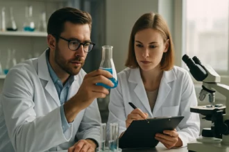 Két tudós laboratóriumban, kémiai kísérletezéssel foglalkozik.