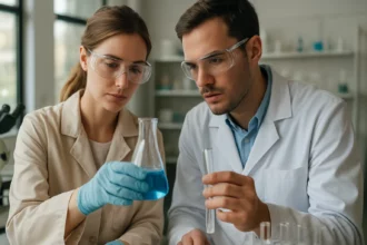 Két tudós kémiai kísérletet végez laboratóriumban.