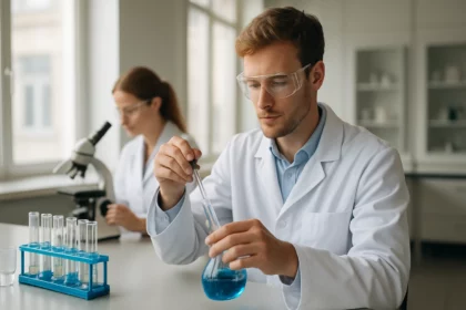 Kémikus a laboratóriumban, bizmut előfordulás és alkalmazások kutatása.