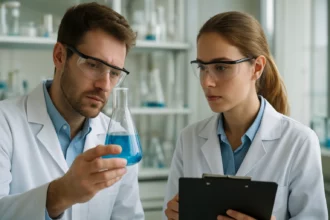 Két tudós kémiai kísérleten dolgozik laboratóriumi környezetben.