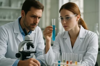 Két tudós laboratóriumban csapágyfém tulajdonságait vizsgálja