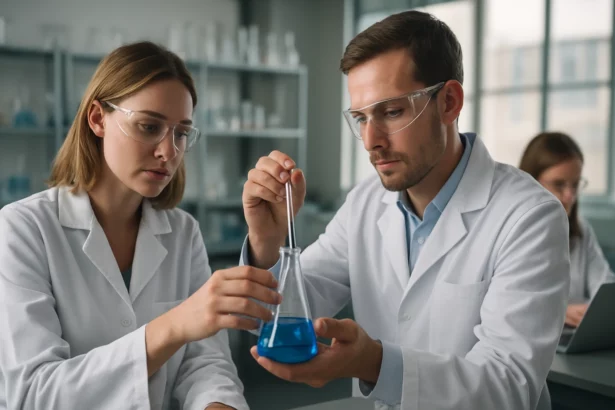 Két vegyész a bőr cserzési folyamatának laboratóriumi vizsgálatán