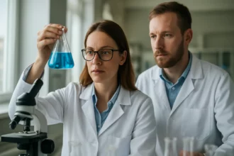 Két tudós laboratóriumban kémiai kísérletet végez.