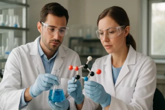 Két tudós vizsgálja a csonthamu molekuláris struktúráját laboratóriumban.