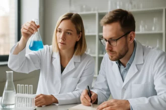 Két kémikus laboratóriumi munkát végez, kék folyadékkal.