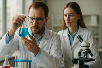 Két kutató, akik bizmutpát laboratóriumi vizsgálatát végzik