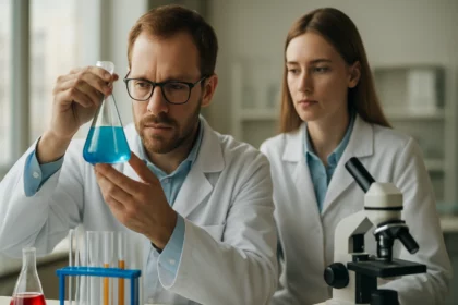 Két kutató, akik bizmutpát laboratóriumi vizsgálatát végzik