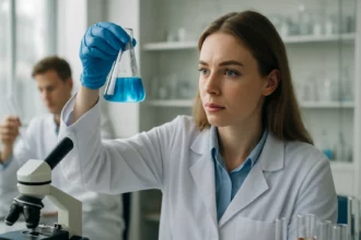 Kémikus egy kék folyadékkal teli lombikot tart a kezében laboratóriumban.