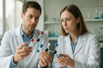 Két kémikus a dealkilezés folyamatát elemzi molekula modellek segítségével