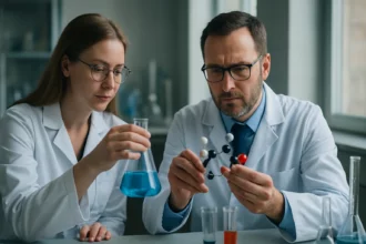 Két kémikus laboratóriumban, kémiai kísérlet során ionos kölcsönhatásokkal foglalkoznak.