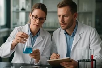 Két tudós kémiai kísérletek során laboratóriumban, kék folyadék