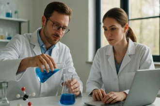 Két tudós kémiai kísérletet végez laboratóriumban.