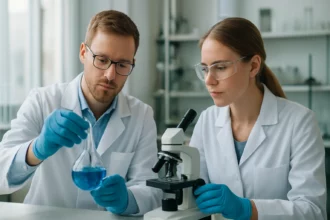 Két tudós laboratóriumban dehidrogénezési kísérletet végez.