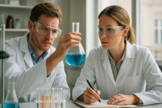 Két tudós laboratóriumban kémiai kísérletet végez, BiF3 vegyülettel.