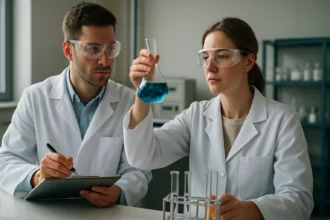 Két tudós laboratóriumban, dekarboxilezési kísérlet során.