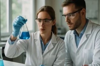 Két kutató laboratóriumban kék oldatot vizsgálva