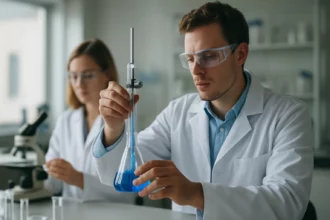 Két kutató kémiai kísérletet végez laboratóriumban