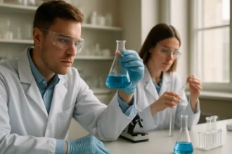 Két kutató a laboratóriumban, denaturált szesz kísérletezés közben.