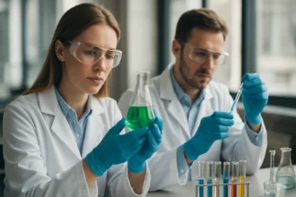 Két laboratóriumi szakember denaturált szeszt vizsgál