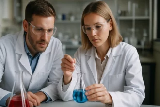 Laboratóriumi dolgozók vegyszereket vizsgálnak és biztonsági protokollt követnek.