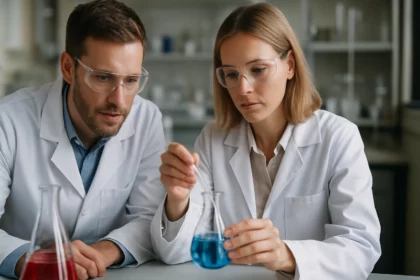 Laboratóriumi dolgozók vegyszereket vizsgálnak és biztonsági protokollt követnek.