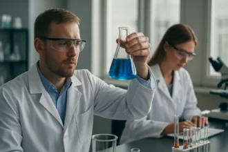 Tudósok laboratóriumban dendrites polimerek kutatásán dolgoznak.