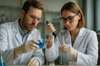 Két tudós kémiai kísérletet végeznek laboratóriumban.