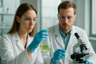 Két kémikus desztillációs folyamatot vizsgál a laborban.