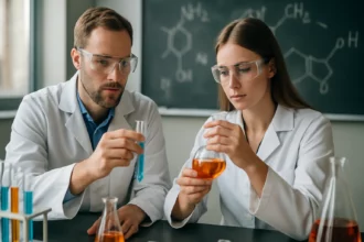 Két tudós kémiai kísérleteket végez laboratóriumban