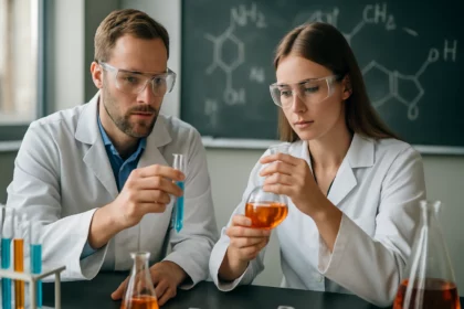 Két tudós kémiai kísérleteket végez laboratóriumban