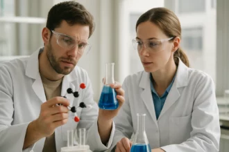 Két kémikus dolgozik dialdehidekkel laboratóriumban