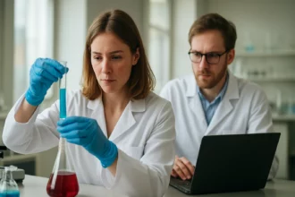 Kémikusok bikarbonátokkal végzett kísérlet közben laboratóriumban.