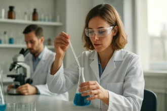 Női kutató laboratóriumban, vízben oldódó anyag vizsgálata