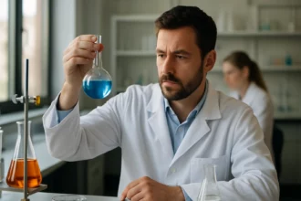 Kémikus laboratóriumban kék oldatot vizsgálva